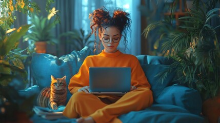 Poster - Brunette woman sitting on a sofa with a laptop late at night surrounded by her cat and plants representing a lazy freelancer's lifestyle set in a 3D abstract scene on a blue background