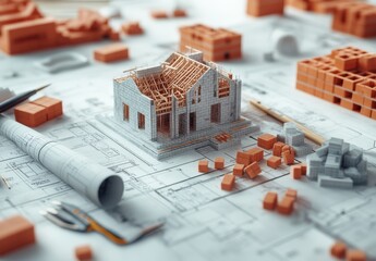 Aufkleber - Detailed Model of a House Under Construction Surrounded by Blueprints, Bricks, and Tools, Showcasing the Building Process in a Construction Workspace