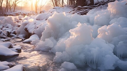 Poster - Captivating aerial view of a frozen riverbank with piles of snow covered ice chunks in a soft muted winter light  The tranquil minimalist landscape exudes a sense of peace and solitude