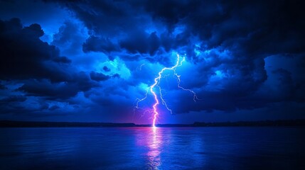 Poster - Captivating view of a light thunderstorm with striking lightning against a vibrant blue sky capturing the moment clouds gather with an intense electric charge ready to unleash nature's fury