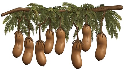 Wall Mural - Tamarind pods hanging from a branch against a white background