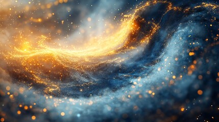 Poster - Captivating wallpaper design featuring an abstract swirl of blue and gold particles enhanced by a dynamic wind blowing effect creating a vibrant and energetic artistic background