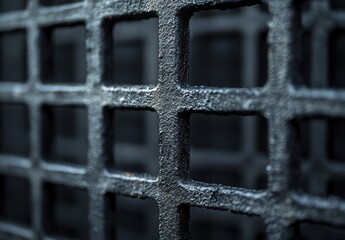 Poster - Close-Up View of Industrial Metal Mesh Grid with Textured Surface, Highlighting Patterns and Shadows for Architectural and Design Applications