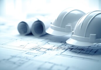 Poster - Construction Equipment and Architectural Plans Displayed Together with Safety Hard Hats on Blueprint Documents, Symbolizing Planning and Project Management in Construction Industry