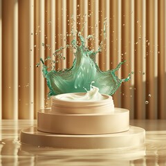 Poster - Chic cream product podium mockup with a lively splash of liquid milk in rich emerald green against a shimmering light gold background creating an eyecatching aesthetic for skincare promotional design