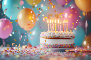 Poster - Happy birthday cake with candles, balloons and confetti background