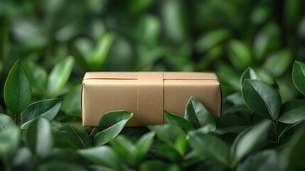 Poster - Clean and inviting composition showcasing ecofriendly brown paper packaging surrounded by delicate green leaves placed on a neutral backdrop that represents sustainability and organic product appeal