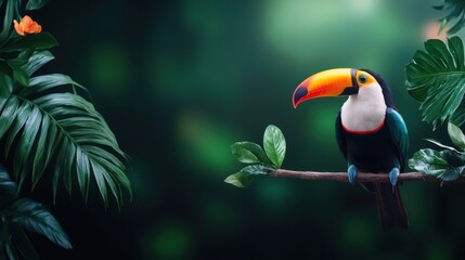 Tropical and Exotic Close up of a toucan with its brightly colored beak and feathers, perched on a branch in a rainforest.