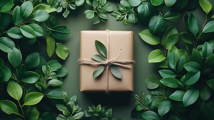 Fototapete - Clean and inviting composition showcasing ecofriendly brown paper packaging surrounded by delicate green leaves placed on a neutral backdrop that represents sustainability and organic product appeal