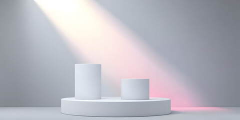 Wall Mural - Minimal white podium 3d stage product display presentation background with spotlight beam show pedestal platform light studio or modern advertising empty stand exhibition showcase premium backdrop.