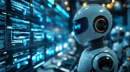 Fototapete - Clean scene of AI chatbots interacting in a computer interface with bright blue hues in the background providing a modern look and plenty of copy space for text at the top