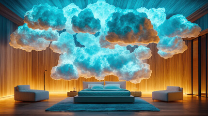 Poster - Cloudy dream aesthetic, A dreamy room filled with clouds and glowing furniture, showcasing a high-fidelity artistic representation in vibrant colors.