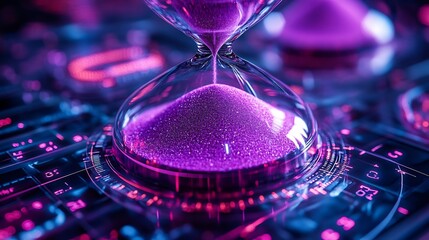 Poster - Closeup of a sleek purple hourglass with sand flowing steadily symbolizing the passage of time urgency in business deadlines and the critical importance of time management in professional settings