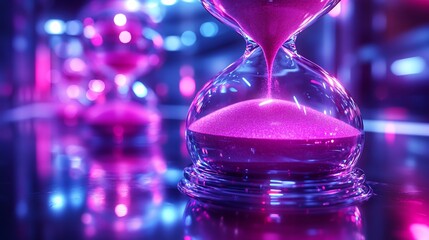 Poster - Closeup of a sleek purple hourglass with sand flowing steadily symbolizing the passage of time urgency in business deadlines and the critical importance of time management in professional settings