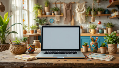 A vibrant workspace with bohemian decor. A laptop with a blank screen is placed on a rustic wooden table. Around it are colorful items, Ai generated