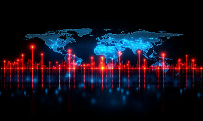 Poster - Global network data flow, city skyline, night