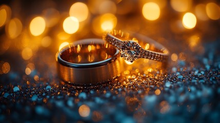 Poster - Closeup shot of intricate wedding rings elegantly displayed on a shimmering surface surrounded by a cascade of sparkling light reflections highlighting the beauty of the rings in a romantic ambiance