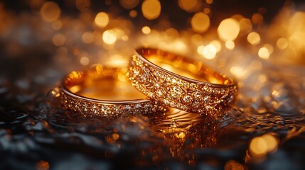 Poster - Closeup shot of intricate wedding rings elegantly displayed on a shimmering surface surrounded by a cascade of sparkling light reflections highlighting the beauty of the rings in a romantic ambiance