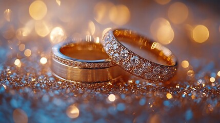 Fototapete - Closeup shot of intricate wedding rings elegantly displayed on a shimmering surface surrounded by a cascade of sparkling light reflections highlighting the beauty of the rings in a romantic ambiance
