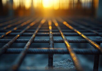 Poster - Close-Up of Steel Rebar Grid at Construction Site with Golden Sunset in Background, Illustrating Industrial and Urban Development Theme