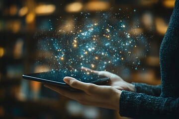 Poster - Woman holding tablet, digital galaxy, library background