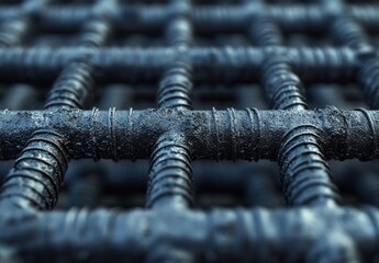 Poster - Close-Up View of Industrial Steel Rebar with Textured Surface, Showcasing Engineering and Construction Materials in a Detailed Pattern of Lines and Grids