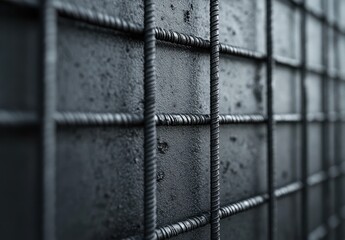 Poster - Close-up View of Industrial Metal Grid with Welded Rebar, Textured Surface, and Dark Matte Finish Evoking Strength and Stability in Construction Context
