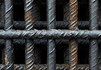 Poster - Close-up View of Rusty Rebar Grid with Textured Metal Bars Portraying Industrial Strength and Weathered Aesthetics for Construction or Design Projects