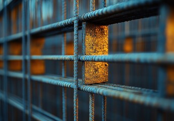 Poster - Close-Up View of Rusty Steel Reinforcement Bars in Construction Site with Warm Ambient Light Highlighting Surface Texture and Patterns