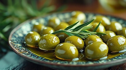 Poster - Closeup shot of vibrant green olives elegantly arranged on a decorative plate glistening in rich olive oil with subtle reflections capturing the essence of Mediterranean cuisine