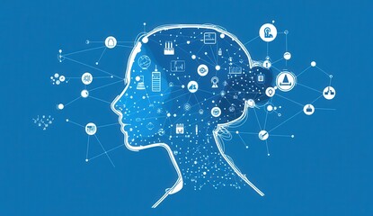 Poster - Conceptual Illustration of a Woman's Profile with Digital Symbols Representing Ideas, Innovation, and Technology Against a Blue Background