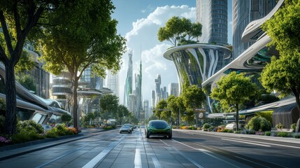 Poster - A clean and modern cityscape with green trees, futuristic architecture, and a sustainable street where eco-friendly cars drive by