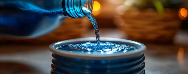 Poster - Blue liquid pours into bowl; bokeh background