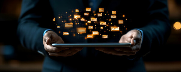businessperson receives emails on tablet, night