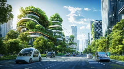 Poster - A futuristic city street with green trees and contemporary buildings, highlighting a sustainable, eco-friendly environment with clean energy vehicles