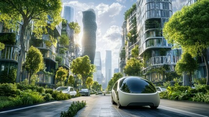 Poster - A futuristic city street with green trees and contemporary buildings, highlighting a sustainable, eco-friendly environment with clean energy vehicles
