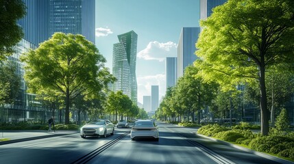 Poster - A futuristic city street with green trees, sleek architecture, and clean energy cars driving in a sustainable, smart city setting
