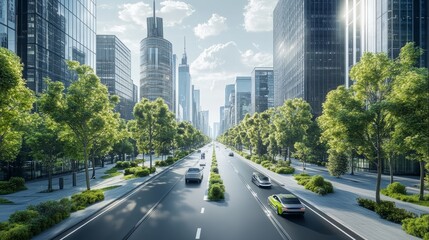 Poster - A futuristic city street with green trees, sleek architecture, and clean energy cars driving in a sustainable, smart city setting