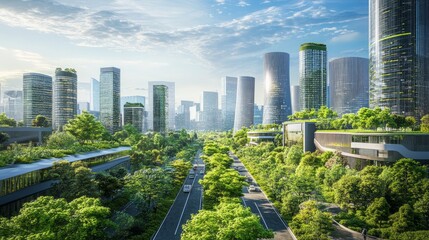 Poster - An eco-friendly urban landscape with modern city streets, green trees, and futuristic buildings, highlighting a sustainable environment