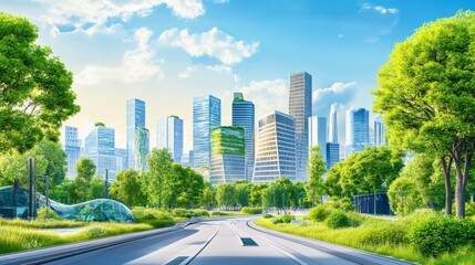 Poster - An eco-friendly urban landscape with modern city streets, green trees, and futuristic buildings, highlighting a sustainable environment