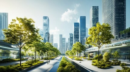 Poster - An urban landscape featuring modern city streets, green trees, and futuristic buildings, emphasizing a sustainable, smart city environment
