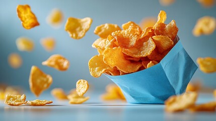 Poster - Colorful visual of crispy golden potato chips tumbling from a bright blue bag isolated on a white background highlighting the texture and appeal of a tempting junk food snack
