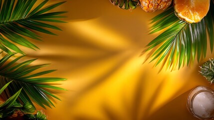 Wall Mural - Golden sunlight bathes vibrant tropical fruits and palm leaves artfully arranged. AI Generated