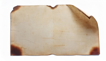 Old, burnt paper sits against a plain white background, showcasing its damaged edges and aged texture