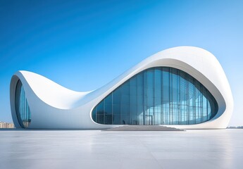 Aufkleber - Contemporary Architectural Marvel Featuring Fluid Shapes and Glass Facades Under a Clear Blue Sky, Showcasing Modern Design and Aesthetic Appeal