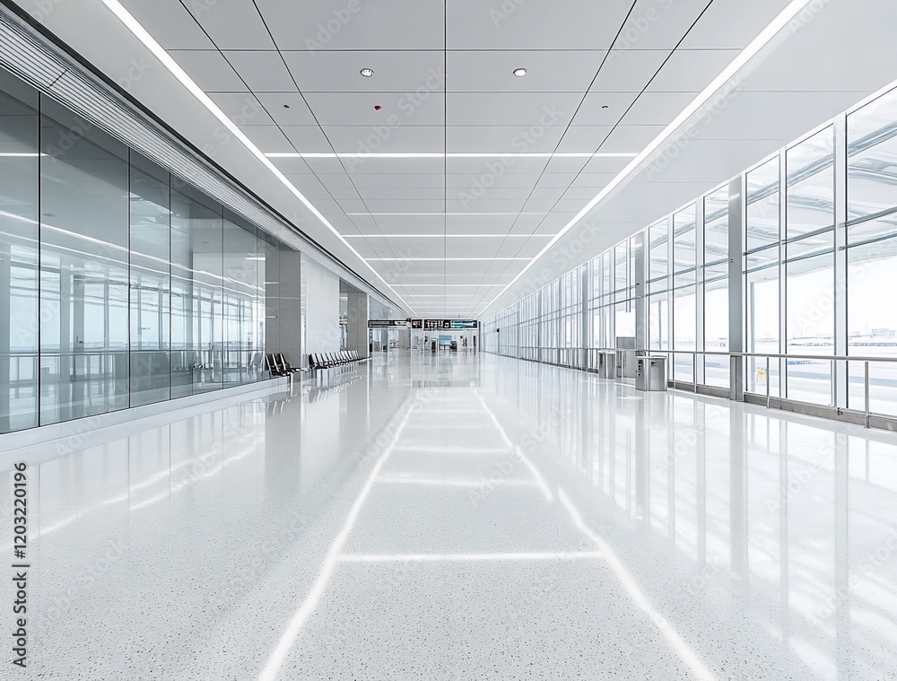 Modern airport terminal hallway with bright lighting, glass walls, and shiny floor.