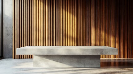 Poster - Concrete tabletop set against a backdrop of vertical wooden wall panels creating a warm and inviting atmosphere The empty countertop serves as an aesthetic podium for modern product presentations