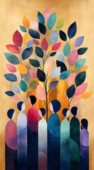 Poster - Colorful People Beneath a Vibrant Leafy Tree: A Modern Abstract Artwork