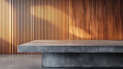Poster - Concrete tabletop set against a backdrop of vertical wooden wall panels creating a warm and inviting atmosphere The empty countertop serves as an aesthetic podium for modern product presentations