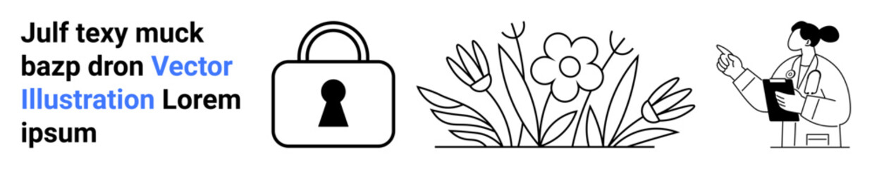 Wall Mural - Data security lock, blooming flower with leaves, and a scientist holding a clipboard, pointing. Ideal for cybersecurity, botany, research, science education, nature conservation privacy technology